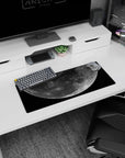 Giant cratered moon over speckled starfield mouse pad, 28x12 inches, smooth extended desk mat.