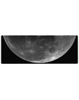Moon over deep space desk mouse pad 32x12 inches with crater detail and starry minimalist sci-fi look.