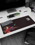 Anime desk pad 36x16 inches featuring Megumin from KonoSuba, minimalist design with bold colors and her iconic "Explosion!" scene.