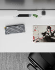 Moody 14x10 inches anime mouse pad in ink-wash grays with crimson blossoms, red-eyed gothic vibe.