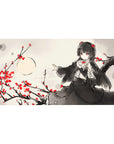 Gothic-cute anime girl desk pad 40x20 inches with lace outfit, red eyes, and rose accents.