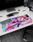 Shiro and Sora glide through a starry card kaleidoscope on a 36x16 inches anime desk pad.