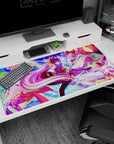 Shiro and Sora gliding through a kaleidoscope card sky on an anime desk pad 40x20 inches.