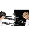 Death Note anime desk pad 40x20 inches with split Light vs L standoff and bold logo graphics.