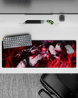 32x12 inches dark fantasy desk mat in glossy reds and smoky shadows, neon sheen with red sparks.