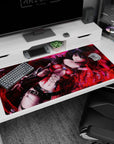 Raven-haired anime heroine with glowing amber eyes amid red sparks on a 40x20 inches desk pad.