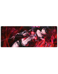 32x12 inches anime girl mouse pad with raven-haired heroine, amber eyes, crimson leather and black straps.