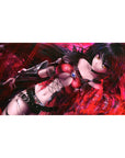 Dark fantasy anime girl desk pad 40x20 inches with raven hair, amber eyes, red leather and black straps.