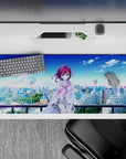 Soft pastel anime desk pad 36x16 inches in airy blues and whites with calm city and trees below.