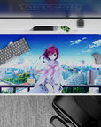40x20 inches anime desk pad in soft blues and cloud whites, calm summer vibe with pastel purple accents.