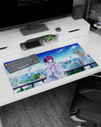 32x16 inches anime girl mouse pad showing a bashful purple-haired girl on a rooftop in a loose white jacket.