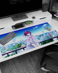 Shy purple-haired anime girl with big blue eyes on a rooftop, white jacket fluttering, 40x20 inches.