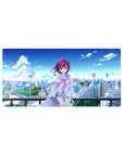 32x16 inches anime girl mouse pad with rooftop shy girl, purple hair, blue eyes, and city skyline.