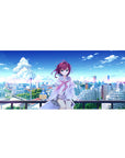 Anime girl rooftop skyline desk pad 36x16 inches with purple hair, blue eyes, and white jacket.