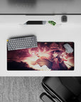 Megumin from KonoSuba unleashing an explosive spell, vibrant colors and dramatic flair on a 28x12 inch anime mouse pad.