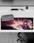 Anime mouse pad 32x12 inches featuring Megumin from KonoSuba, in a dramatic explosion scene with flames and embers.