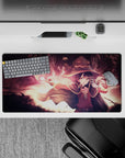 Megumin from KonoSuba unleashing powerful explosion spell, flames and ash in dramatic crimson hues on 32x16 inch mouse pad.