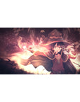 Megumin from KonoSuba casting explosion spell on 40x20 inch anime desk pad, dramatic flames and intense colors.