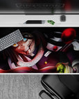 Anime mouse pad 40x20 inches featuring Obanai Iguro in battle, serpent eyes glowing, with black and crimson colors.
