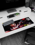 Anime mouse pad 32x12 inches featuring Obanai Iguro from Demon Slayer, in battle with serpent, black and crimson tones.
