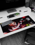 Anime desk pad 36x16 inches featuring Obanai Iguro in battle, with his serpent and a black-crimson color scheme.