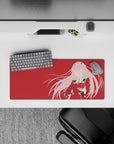 28x12 inches mouse pad with Zero Two silhouette, red backdrop, and pink accents for a modern, mecha-inspired workspace.