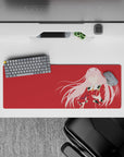 32x12 inches mouse pad featuring Zero Two silhouette with red backdrop and pink accents for a striking mecha anime design.