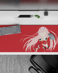 36x16 inches mouse pad with Zero Two in silhouette, deep red backdrop, and flowing pink accents for a stylish, mecha aesthetic.