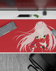40x20 inches mouse pad with Zero Two in silhouette, deep red backdrop, and pink accents for a stylish mecha anime statement.