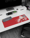 Artistic 32x12 inches mouse pad with Zero Two in silhouette, deep red backdrop, and flowing pink accents for a modern anime aesthetic.