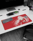 Modern 32x16 inches mouse pad featuring Zero Two, silhouette design with deep red backdrop and pink accents for a mecha-inspired look.