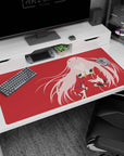 Large 40x20 inches mouse pad showcasing Zero Two in bold silhouette design, with red backdrop and pink accents for a striking effect.