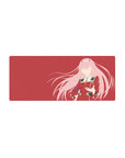 Mouse pad featuring Zero Two, 28x12 inches, in silhouette with deep red backdrop and flowing pink accents for a bold vibe.