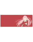 Compact 32x12 inches mouse pad with Zero Two in silhouette, deep red backdrop, and flowing pink accents for a bold, stylish effect.