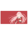 Mouse pad featuring Zero Two, 32x16 inches, in silhouette with red backdrop and pink accents for a stylish, impactful design.