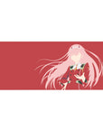Mouse pad featuring Zero Two, 36x16 inches, in silhouette with deep red backdrop and flowing pink accents for a modern anime vibe.