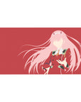 Mouse pad featuring Zero Two, 40x20 inches, in bold silhouette design with deep red backdrop and flowing pink accents for a modern vibe.