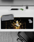 32x12 inches mouse pad in midnight black with gold streaks, starburst doodles, soft magical anime vibe.