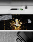 36x16 inches anime desk pad in midnight black with golden sparkles, dreamy calm vibe and soft glow.