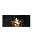 28x12 inches anime girl mouse pad, floating heroine in white dress with gold splatter on midnight black.