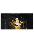 32x16 inches anime girl mouse pad with floating heroine in white dress on midnight-black with gold splatter.
