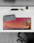 Compact 28x12 desk mat highlights tranquil mountain and tree for immersive peaceful vibes