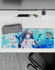 Anime girl mouse pad 32x12 inches in ocean-bright blues with pastel ribbons, sparkly clips, kawaii summer vibe.