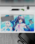 Ocean-bright blue kawaii anime girl mouse pad 32x16 inches with pastel ribbons and glossy eyes.