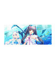 28x12 inches anime girl mouse pad with two catgirls holding plush whales, fish and ocean theme.
