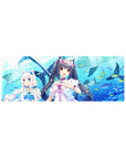 Anime girl mouse pad 32x12 inches with ocean blue print, cute fish, and catgirls holding plush whales.