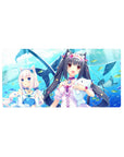 Anime girl mouse pad 32x16 inches with catgirls, fish accents, and ocean-blue summer print.