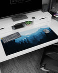 Calming 36x16 anime desk mat with blue mountain peaks and a glowing moon, ideal for a tranquil, relaxing workspace