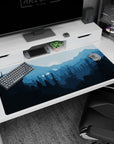 Peaceful 40x20 anime desk mat featuring layered blue mountains and a glowing moon, bringing tranquility to your desk for productivity and relaxation