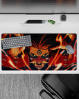 32x16 inches anime mouse pad in fiery orange, deep reds, and midnight blues with intense yellow eyes.